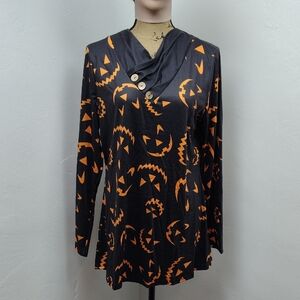 Noracora Women's Blouse Black & Orange Halloween Pumpkin Print top Tunic Medium